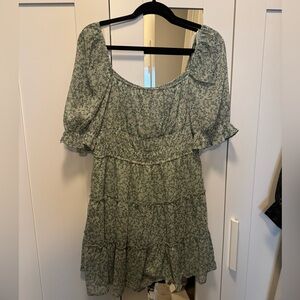 Square neck floral mini-dress, sage green, size large